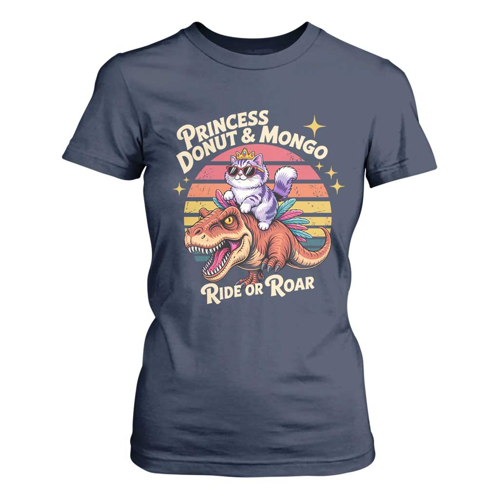 Royal Cat Princess and Raptor Ride or Roar T Shirt For Women Funny Cat Riding Dinosaur Retro Sunset TS02 Navy Print Your Wear
