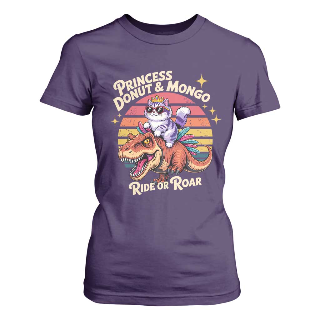 Royal Cat Princess and Raptor Ride or Roar T Shirt For Women Funny Cat Riding Dinosaur Retro Sunset TS02 Purple Print Your Wear