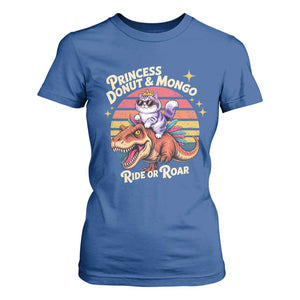 Royal Cat Princess and Raptor Ride or Roar T Shirt For Women Funny Cat Riding Dinosaur Retro Sunset TS02 Royal Blue Print Your Wear