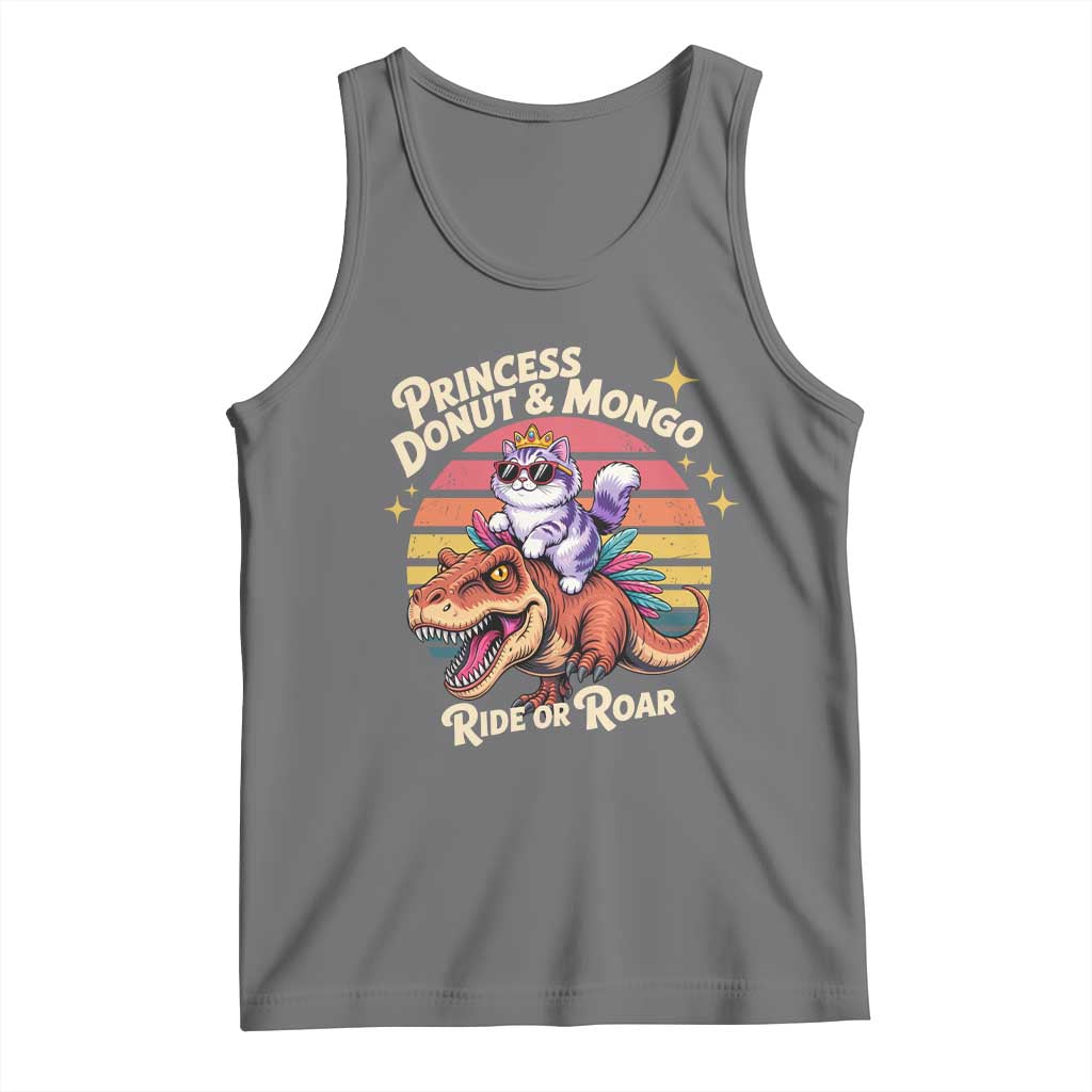 Royal Cat Princess and Raptor Ride or Roar Tank Top Funny Cat Riding Dinosaur Retro Sunset TS02 Black Heather Print Your Wear