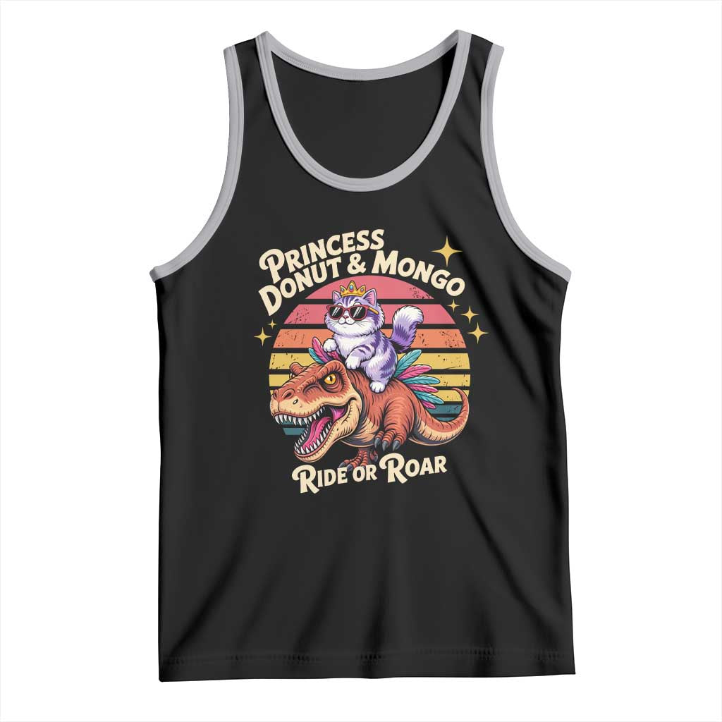 Royal Cat Princess and Raptor Ride or Roar Tank Top Funny Cat Riding Dinosaur Retro Sunset TS02 Black Athletic Heather Print Your Wear