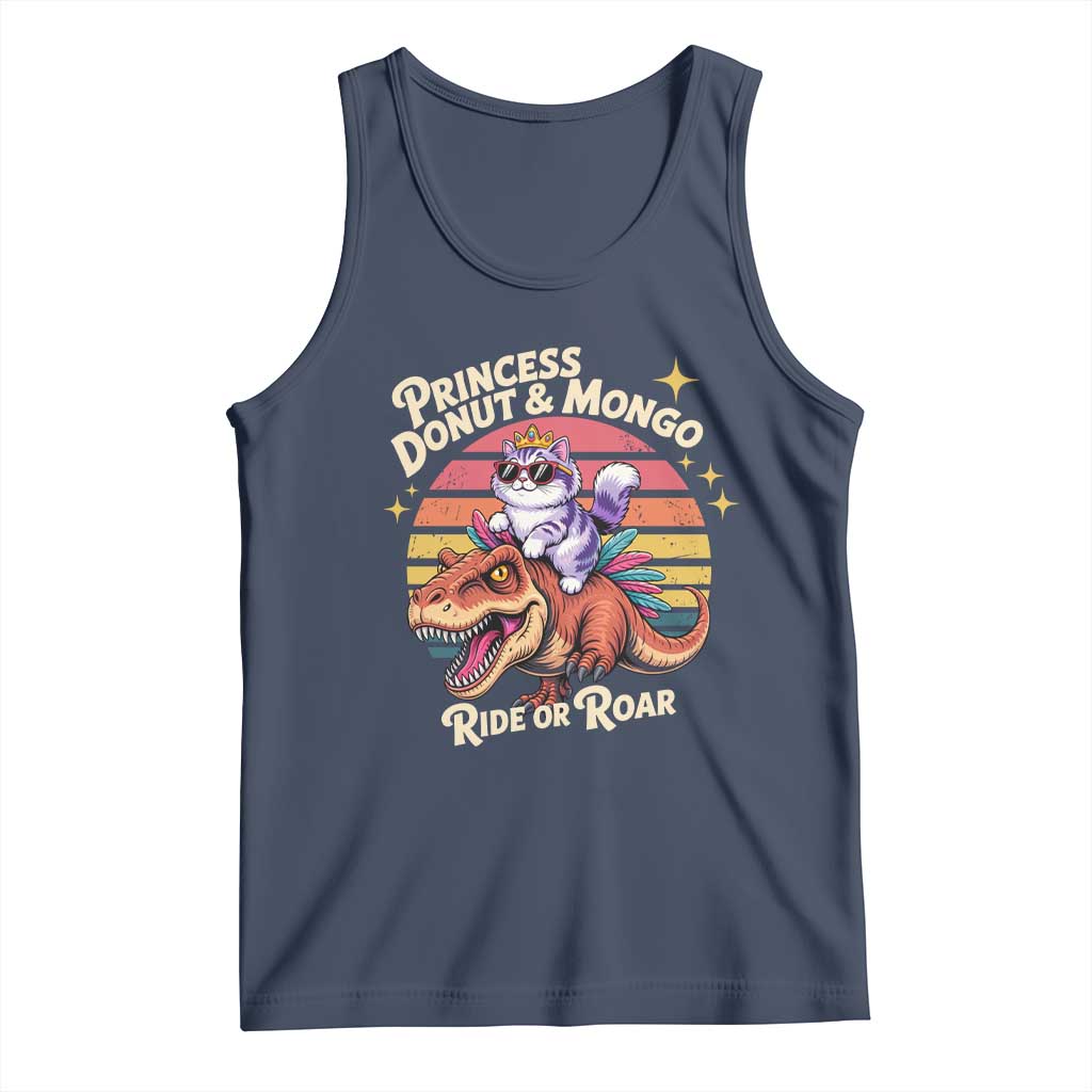 Royal Cat Princess and Raptor Ride or Roar Tank Top Funny Cat Riding Dinosaur Retro Sunset TS02 Navy Print Your Wear