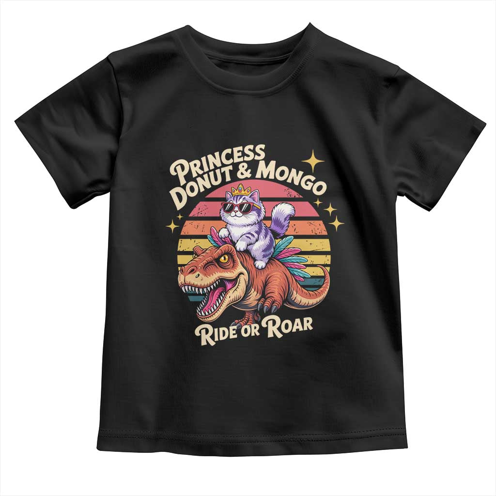 Royal Cat Princess and Raptor Ride or Roar Toddler T Shirt Funny Cat Riding Dinosaur Retro Sunset TS02 Black Print Your Wear