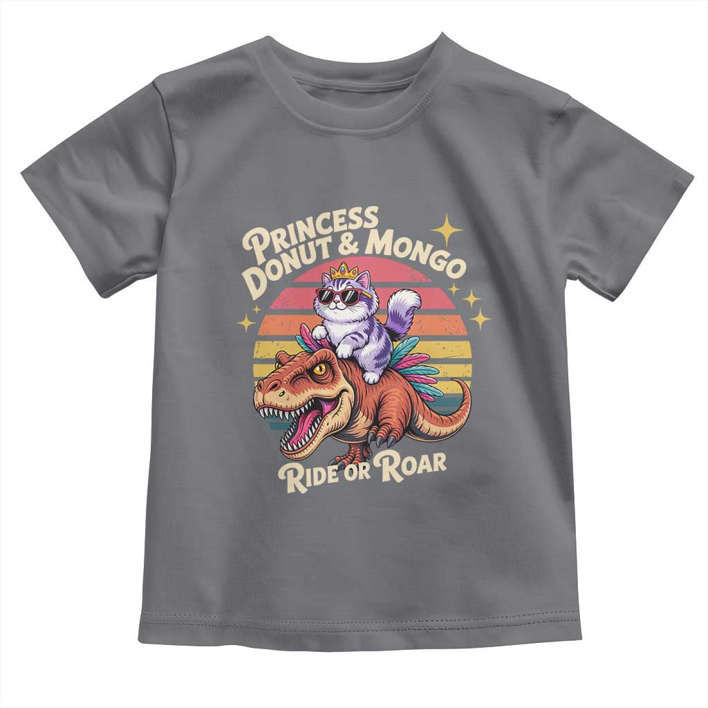 Royal Cat Princess and Raptor Ride or Roar Toddler T Shirt Funny Cat Riding Dinosaur Retro Sunset TS02 Charcoal Print Your Wear