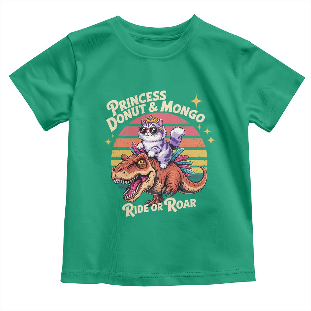 Royal Cat Princess and Raptor Ride or Roar Toddler T Shirt Funny Cat Riding Dinosaur Retro Sunset TS02 Irish Green Print Your Wear