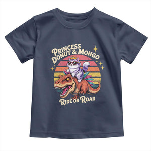 Royal Cat Princess and Raptor Ride or Roar Toddler T Shirt Funny Cat Riding Dinosaur Retro Sunset TS02 Navy Print Your Wear