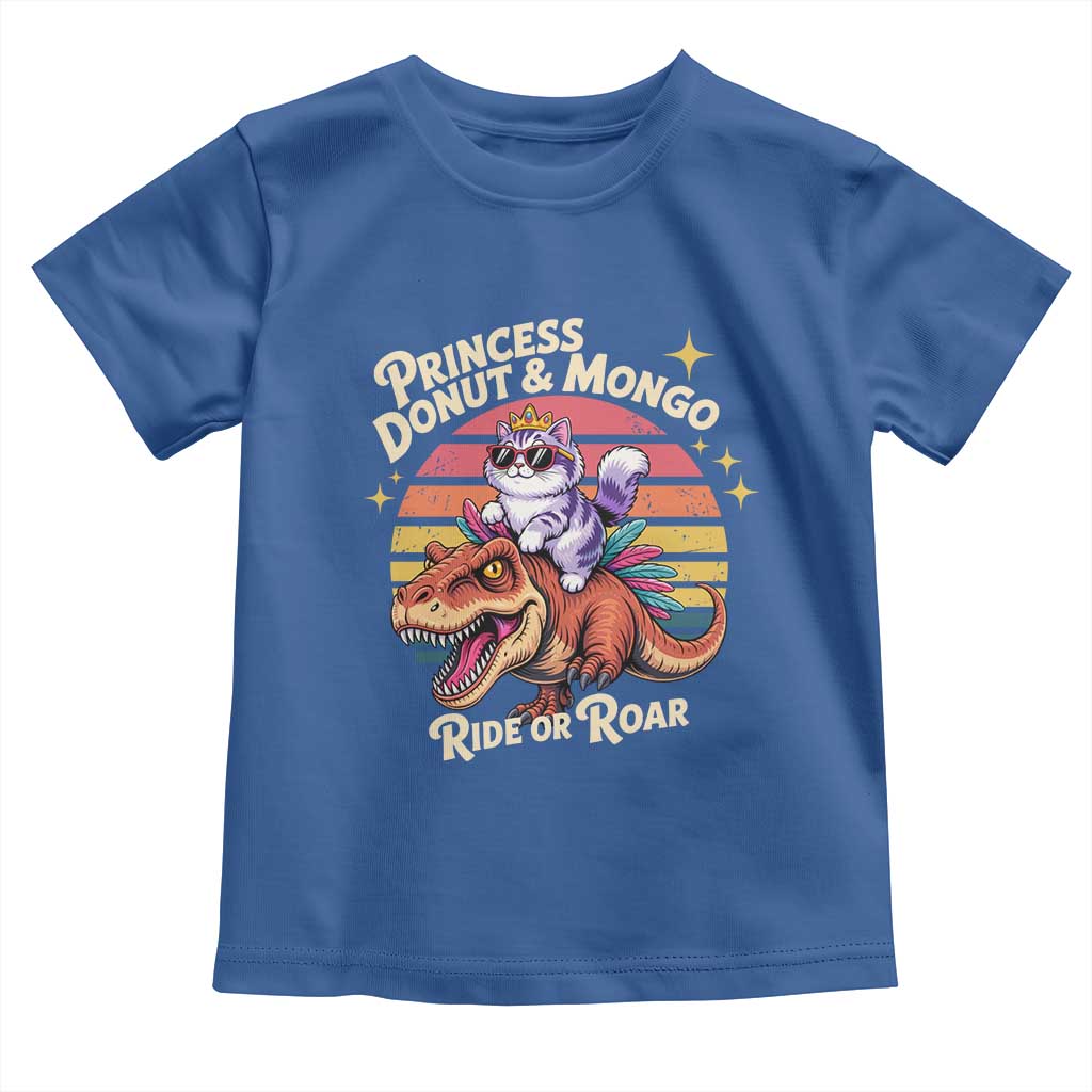 Royal Cat Princess and Raptor Ride or Roar Toddler T Shirt Funny Cat Riding Dinosaur Retro Sunset TS02 Royal Blue Print Your Wear