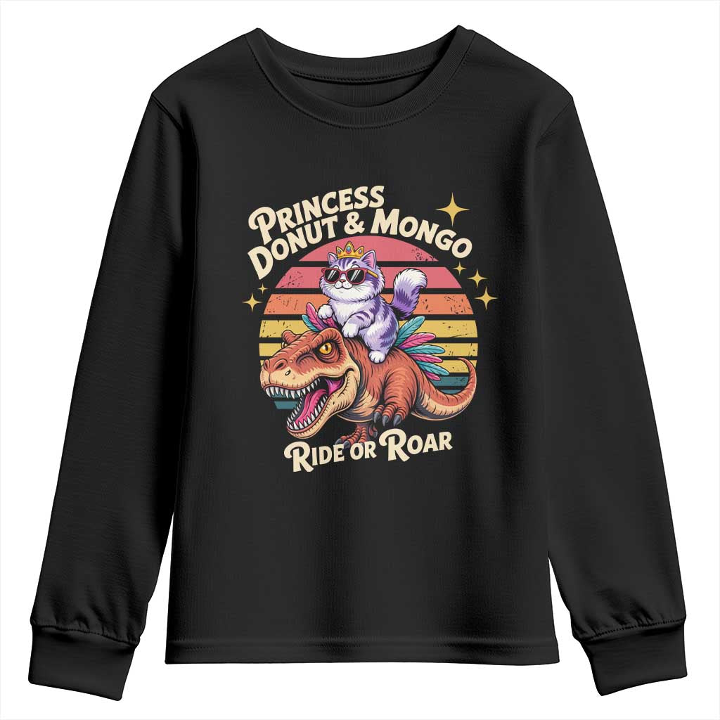 Royal Cat Princess and Raptor Ride or Roar Youth Sweatshirt Funny Cat Riding Dinosaur Retro Sunset TS02 Black Print Your Wear