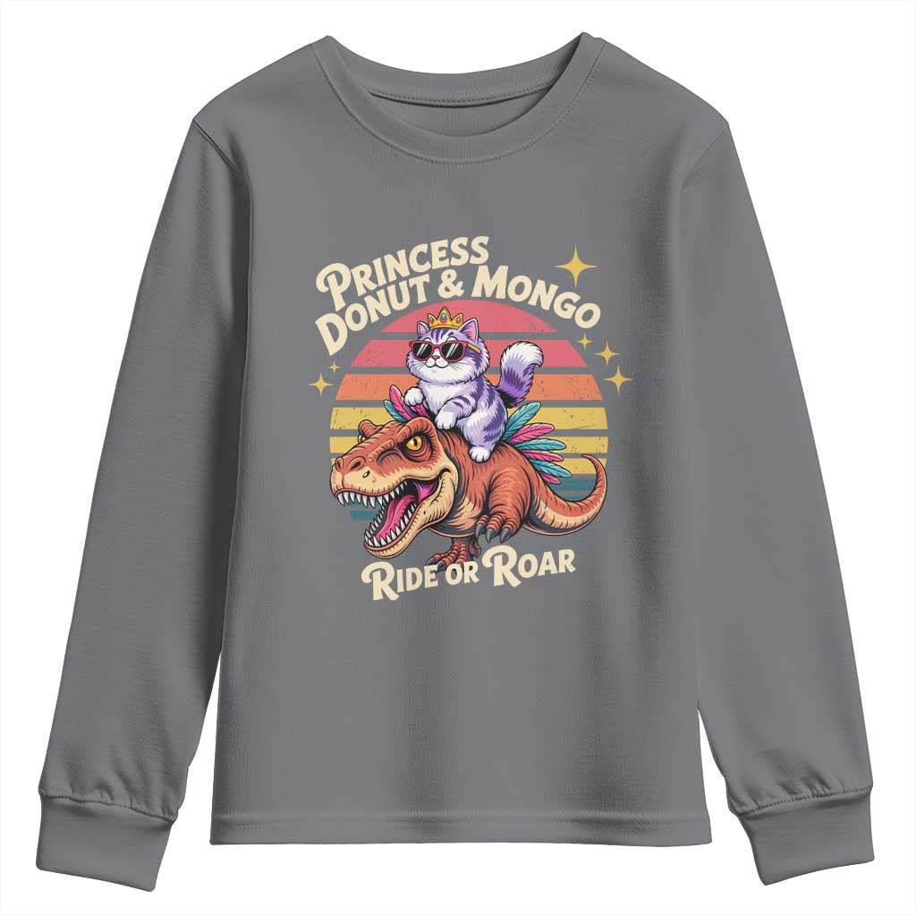 Royal Cat Princess and Raptor Ride or Roar Youth Sweatshirt Funny Cat Riding Dinosaur Retro Sunset TS02 Charcoal Print Your Wear