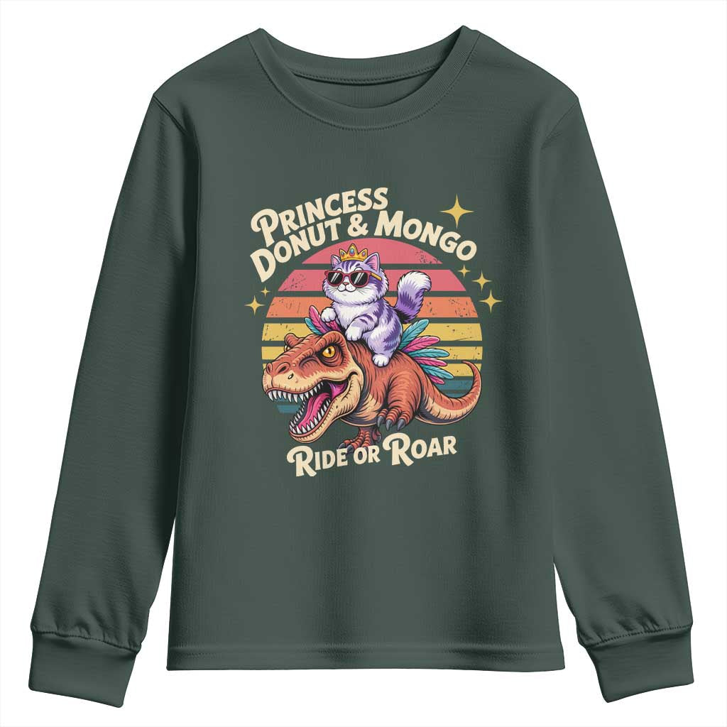 Royal Cat Princess and Raptor Ride or Roar Youth Sweatshirt Funny Cat Riding Dinosaur Retro Sunset TS02 Dark Forest Green Print Your Wear