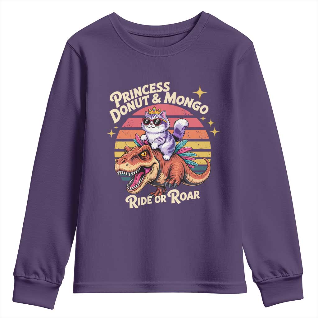 Royal Cat Princess and Raptor Ride or Roar Youth Sweatshirt Funny Cat Riding Dinosaur Retro Sunset TS02 Purple Print Your Wear