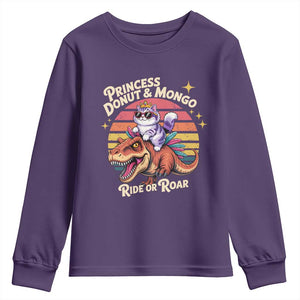 Royal Cat Princess and Raptor Ride or Roar Youth Sweatshirt Funny Cat Riding Dinosaur Retro Sunset TS02 Purple Print Your Wear