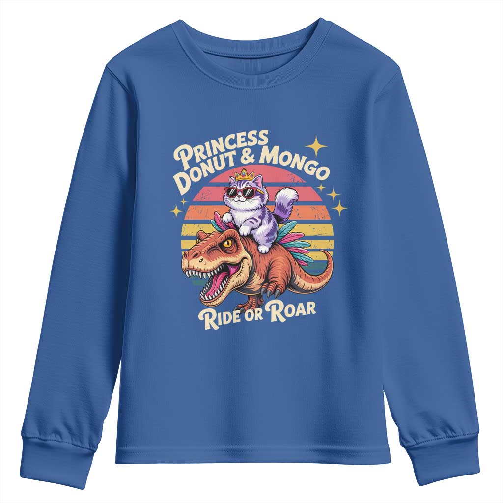 Royal Cat Princess and Raptor Ride or Roar Youth Sweatshirt Funny Cat Riding Dinosaur Retro Sunset TS02 Royal Blue Print Your Wear