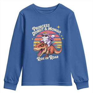 Royal Cat Princess and Raptor Ride or Roar Youth Sweatshirt Funny Cat Riding Dinosaur Retro Sunset TS02 Royal Blue Print Your Wear