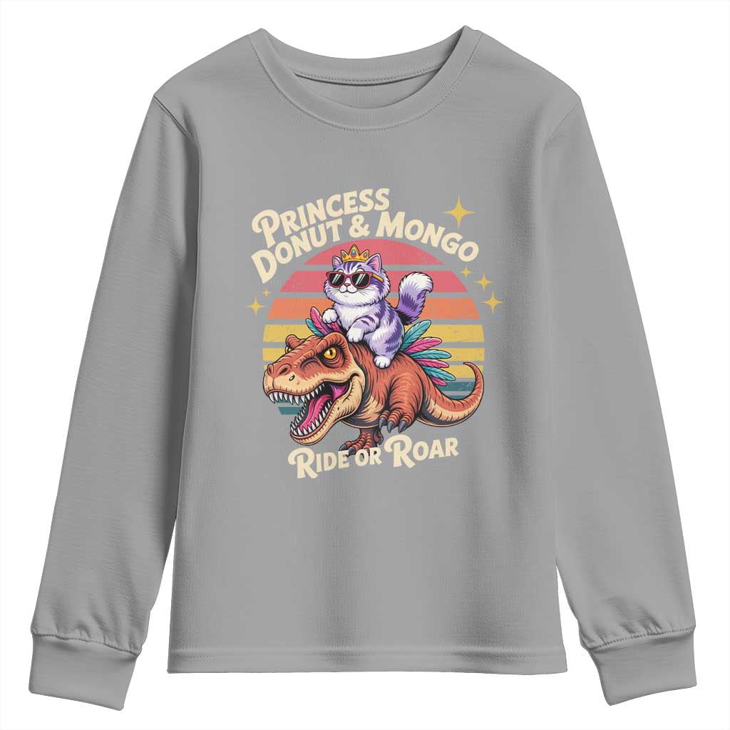 Royal Cat Princess and Raptor Ride or Roar Youth Sweatshirt Funny Cat Riding Dinosaur Retro Sunset TS02 Sport Gray Print Your Wear