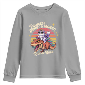 Royal Cat Princess and Raptor Ride or Roar Youth Sweatshirt Funny Cat Riding Dinosaur Retro Sunset TS02 Sport Gray Print Your Wear