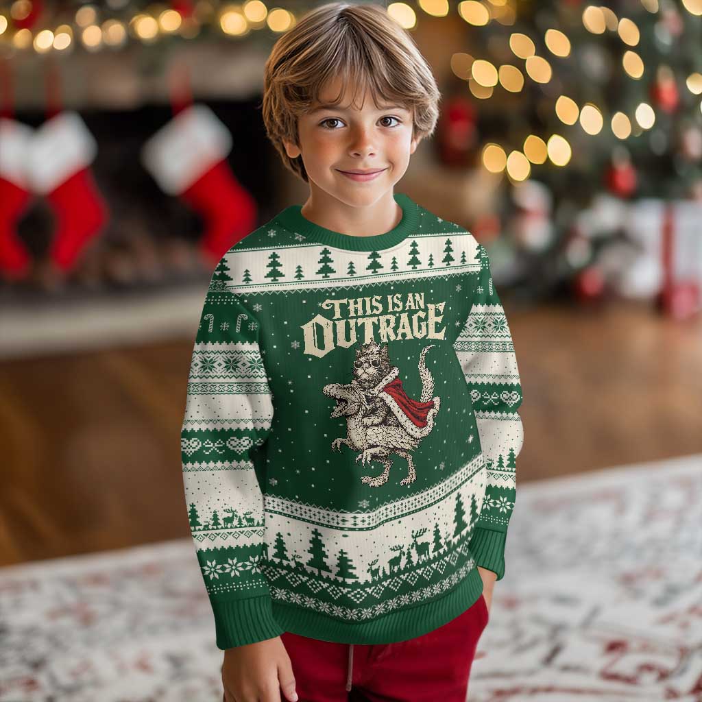 This Is an Outrage Royal Cat Ugly Christmas Sweater Funny Princess Cat Riding Dragon Fantasy TS02 Forest Green Beige Print Your Wear