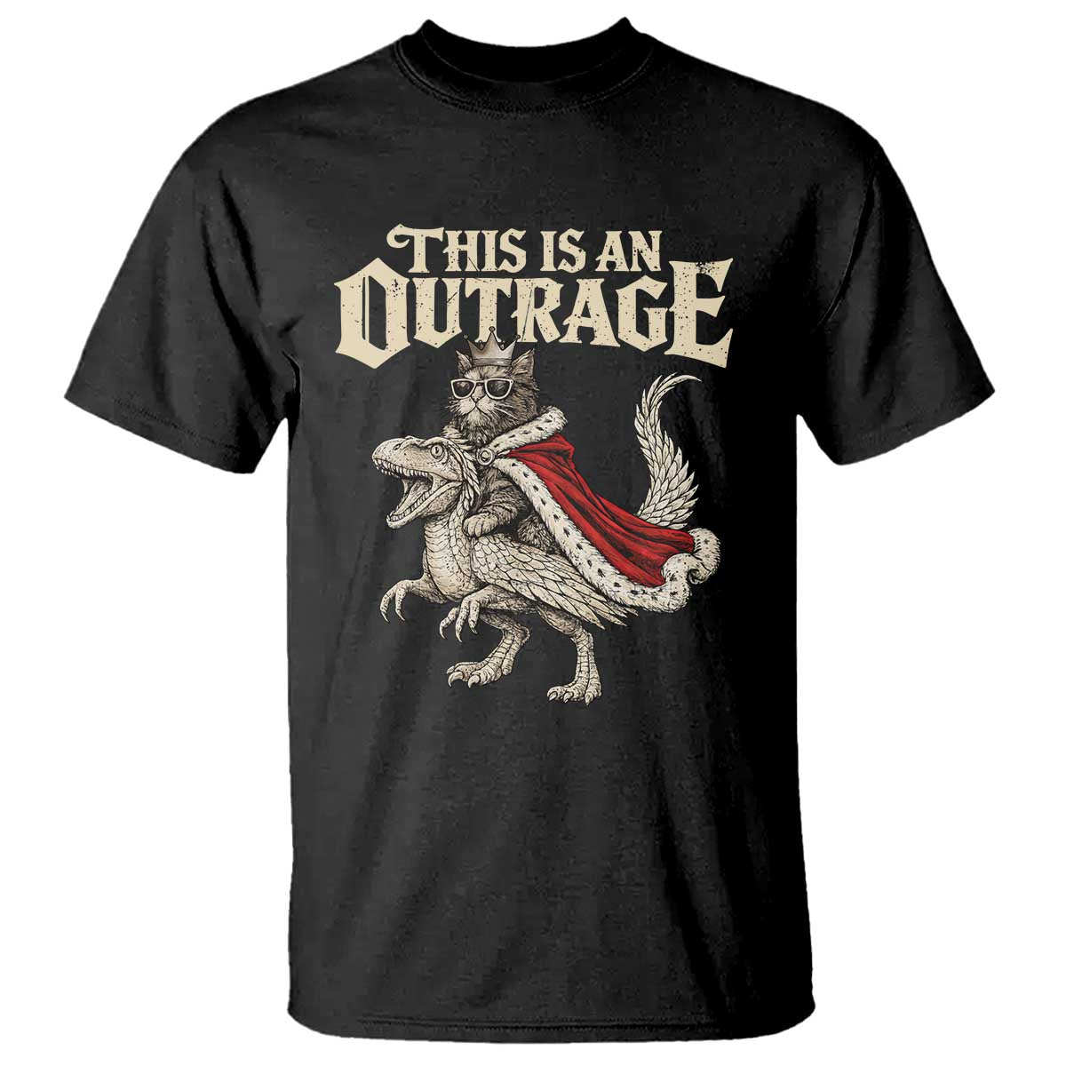This Is an Outrage Royal Cat T Shirt Funny Princess Cat Riding Dragon Fantasy TS02 Black Print Your Wear