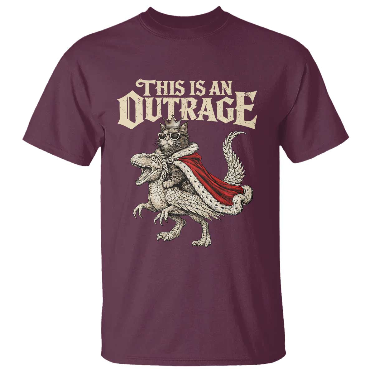This Is an Outrage Royal Cat T Shirt Funny Princess Cat Riding Dragon Fantasy TS02 Maroon Print Your Wear