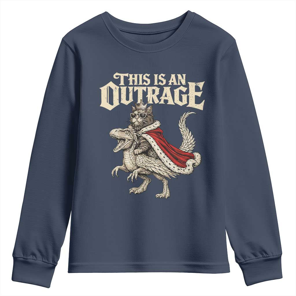 This Is an Outrage Royal Cat Youth Sweatshirt Funny Princess Cat Riding Dragon Fantasy TS02 Navy Print Your Wear