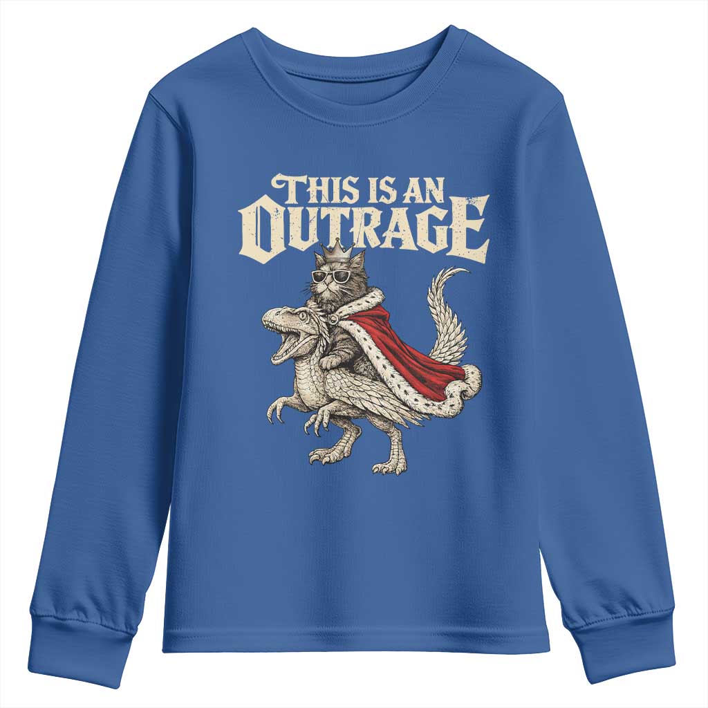 This Is an Outrage Royal Cat Youth Sweatshirt Funny Princess Cat Riding Dragon Fantasy TS02 Royal Blue Print Your Wear
