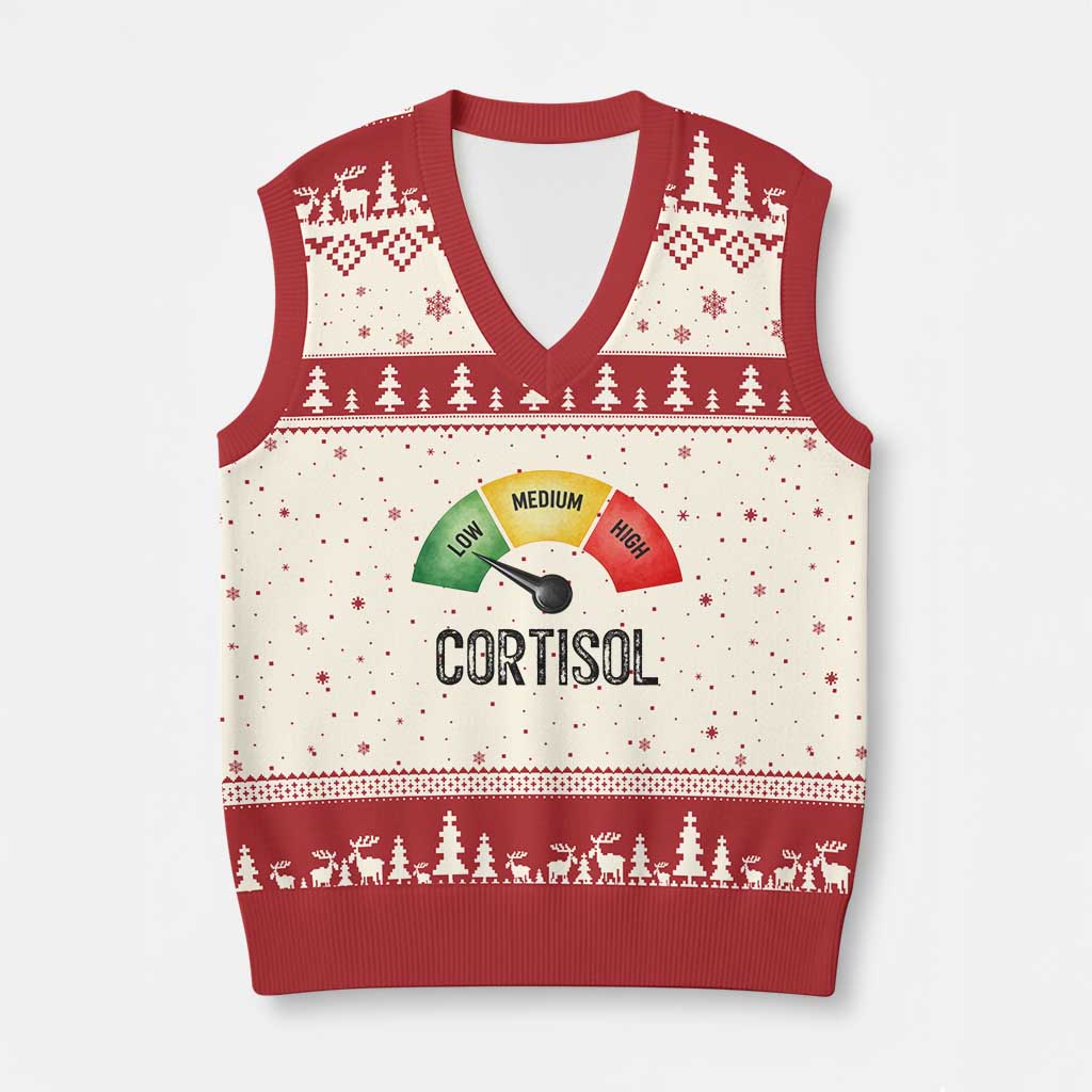 Funny Low Cortisol Stress Meter V-Neck Knit Sweater Vest Low Medium High Anxiety Humor TS02 Beige Red Print Your Wear