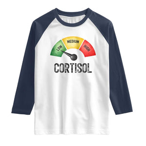 Funny Low Cortisol Stress Meter Raglan Shirt Low Medium High Anxiety Humor TS02 White Navy Print Your Wear