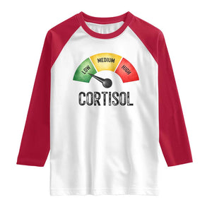 Funny Low Cortisol Stress Meter Raglan Shirt Low Medium High Anxiety Humor TS02 White Red Print Your Wear