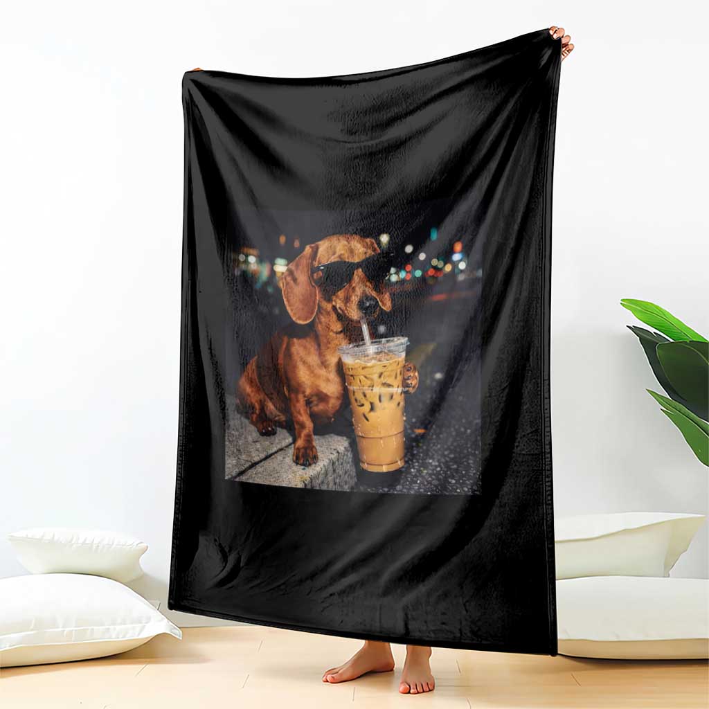 Cool Dachshund Drinking Iced Coffee Graphic Throw Blanket Funny Wiener Dog Night Vibes Aesthetic TS02 Print Your Wear