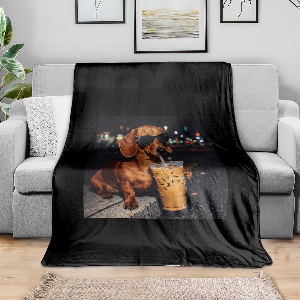 Cool Dachshund Drinking Iced Coffee Graphic Throw Blanket Funny Wiener Dog Night Vibes Aesthetic TS02 Print Your Wear