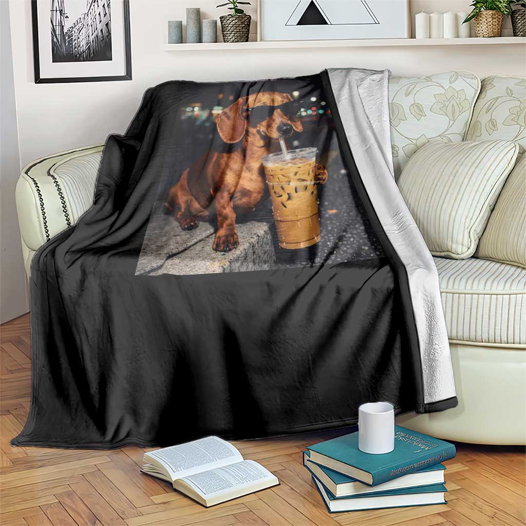Cool Dachshund Drinking Iced Coffee Graphic Throw Blanket Funny Wiener Dog Night Vibes Aesthetic TS02 Print Your Wear