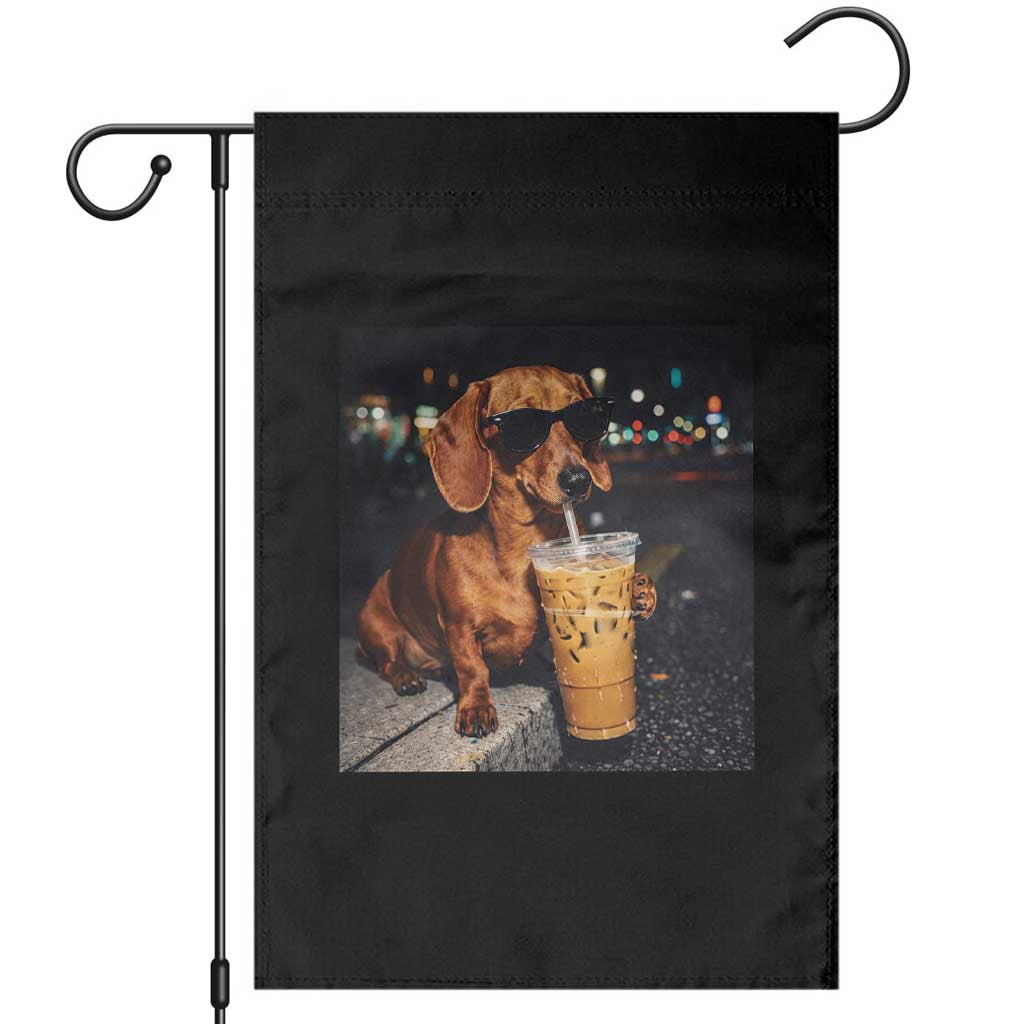 Cool Dachshund Drinking Iced Coffee Graphic Garden Flag Funny Wiener Dog Night Vibes Aesthetic TS02 Black Print Your Wear