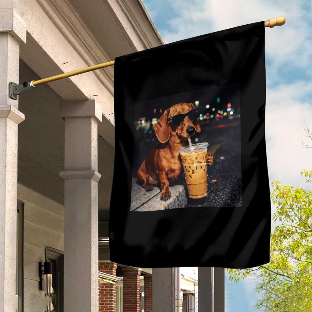 Cool Dachshund Drinking Iced Coffee Graphic Garden Flag Funny Wiener Dog Night Vibes Aesthetic TS02 Print Your Wear