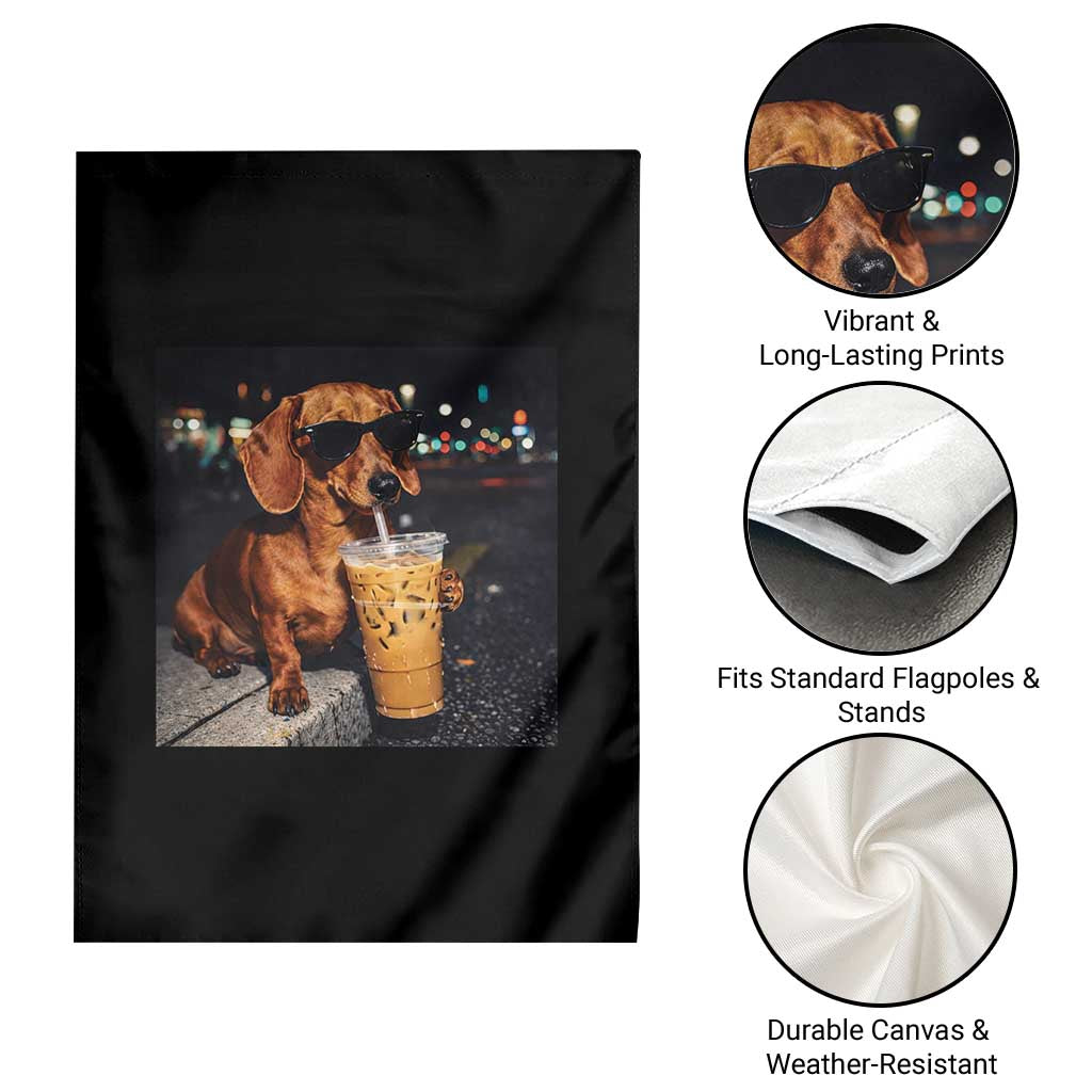 Cool Dachshund Drinking Iced Coffee Graphic Garden Flag Funny Wiener Dog Night Vibes Aesthetic TS02 Print Your Wear