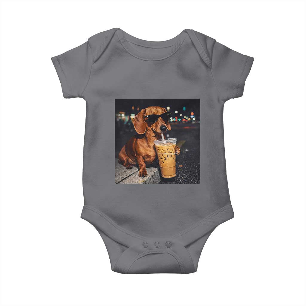 Cool Dachshund Drinking Iced Coffee Graphic Baby Onesie Funny Wiener Dog Night Vibes Aesthetic TS02 Charcoal Print Your Wear