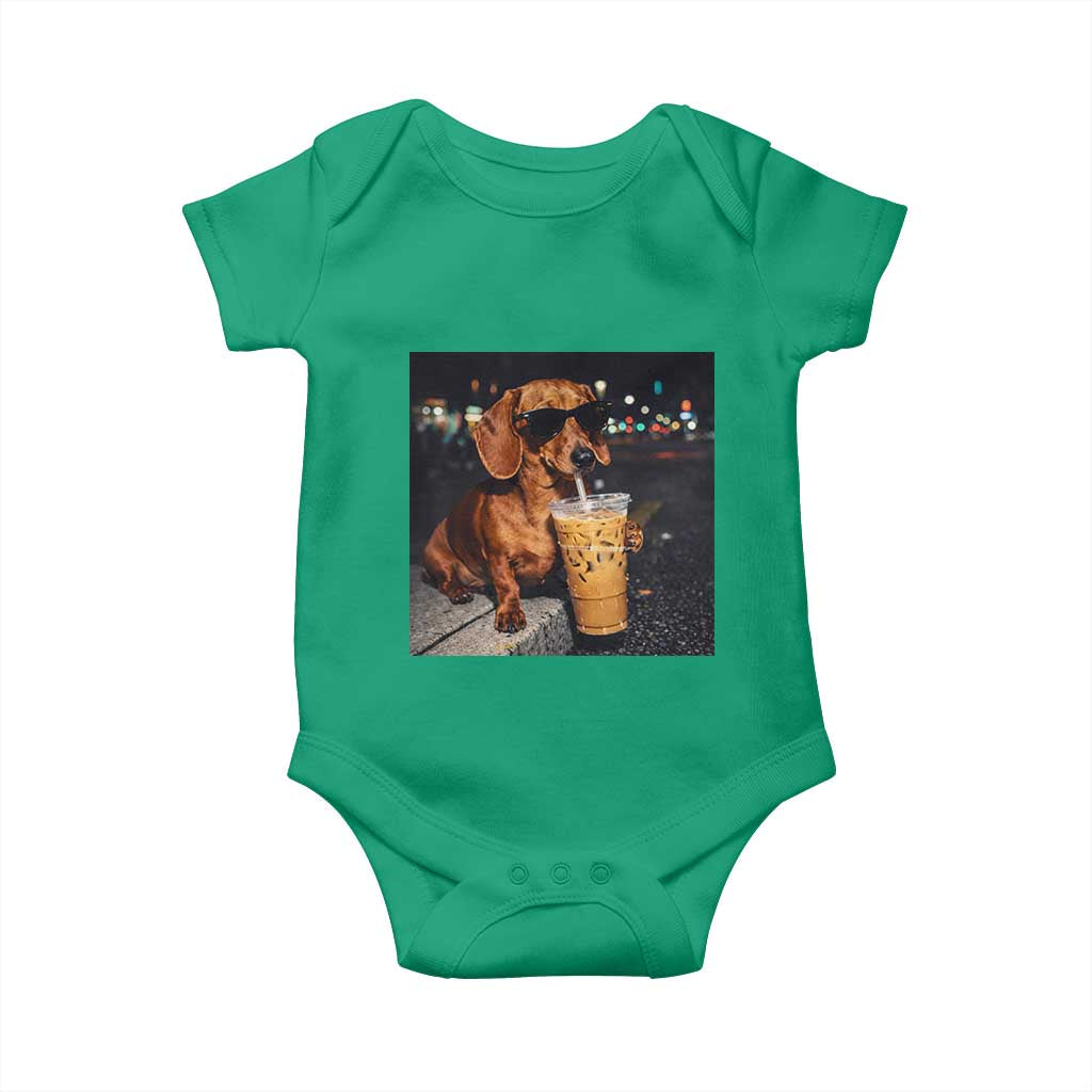 Cool Dachshund Drinking Iced Coffee Graphic Baby Onesie Funny Wiener Dog Night Vibes Aesthetic TS02 Irish Green Print Your Wear