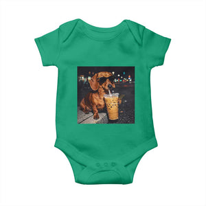 Cool Dachshund Drinking Iced Coffee Graphic Baby Onesie Funny Wiener Dog Night Vibes Aesthetic TS02 Irish Green Print Your Wear