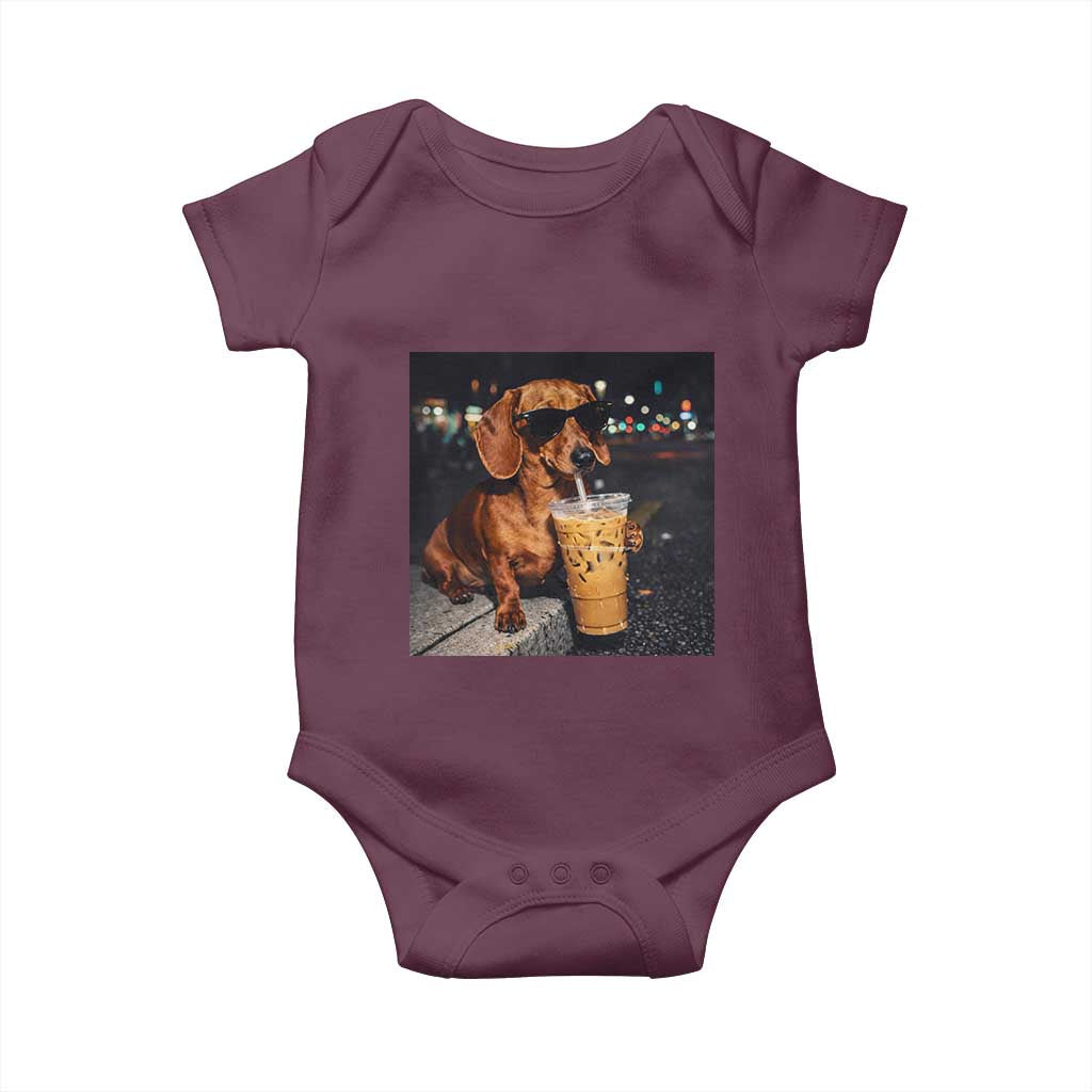 Cool Dachshund Drinking Iced Coffee Graphic Baby Onesie Funny Wiener Dog Night Vibes Aesthetic TS02 Maroon Print Your Wear