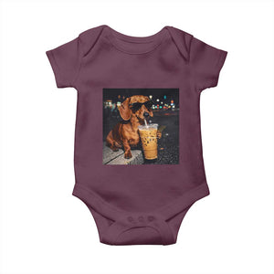 Cool Dachshund Drinking Iced Coffee Graphic Baby Onesie Funny Wiener Dog Night Vibes Aesthetic TS02 Maroon Print Your Wear