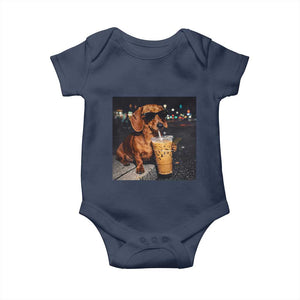 Cool Dachshund Drinking Iced Coffee Graphic Baby Onesie Funny Wiener Dog Night Vibes Aesthetic TS02 Navy Print Your Wear