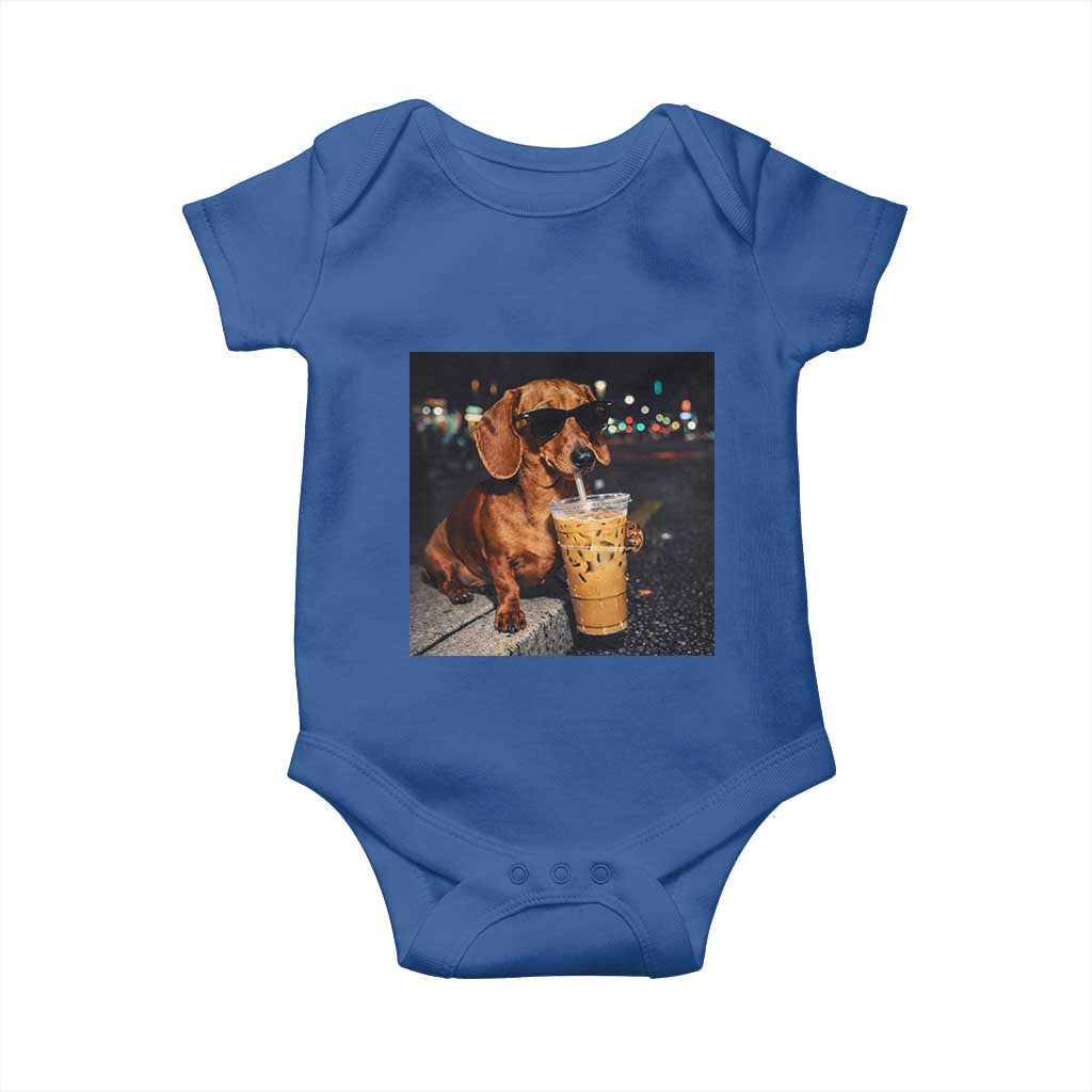 Cool Dachshund Drinking Iced Coffee Graphic Baby Onesie Funny Wiener Dog Night Vibes Aesthetic TS02 Royal Blue Print Your Wear