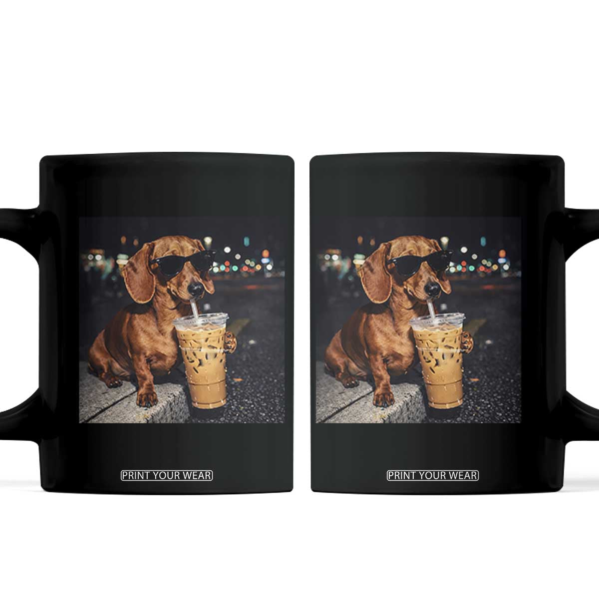 Cool Dachshund Drinking Iced Coffee Graphic Coffee Mug Funny Wiener Dog Night Vibes Aesthetic TS02 Black Print Your Wear