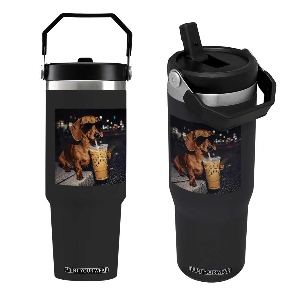 Cool Dachshund Drinking Iced Coffee Graphic Flip Straw Tumbler Funny Wiener Dog Night Vibes Aesthetic TS02 One Size: 30 oz Black Print Your Wear