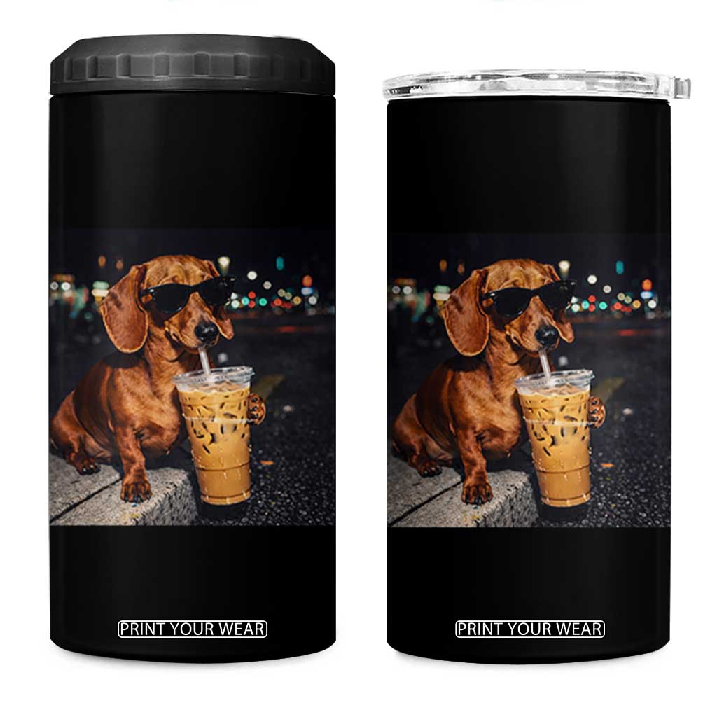Cool Dachshund Drinking Iced Coffee Graphic 4 in 1 Can Cooler Tumbler Funny Wiener Dog Night Vibes Aesthetic TS02 One Size: 16 oz Black Print Your Wear