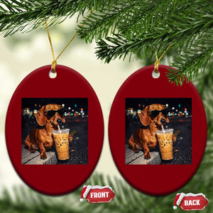 Cool Dachshund Drinking Iced Coffee Graphic Ceramic Ornament Funny Wiener Dog Night Vibes Aesthetic TS02 Print Your Wear