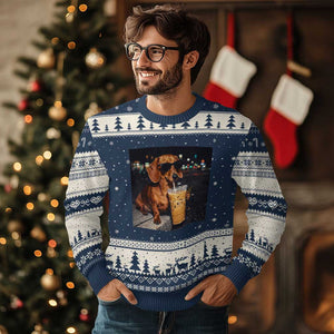 Cool Dachshund Drinking Iced Coffee Graphic Ugly Christmas Sweater Funny Wiener Dog Night Vibes Aesthetic TS02 Navy Beige Print Your Wear