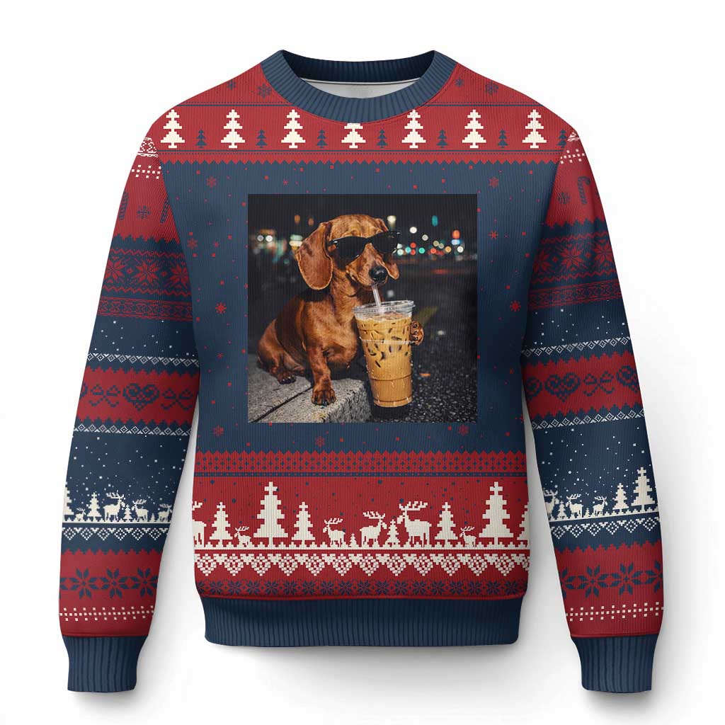 Cool Dachshund Drinking Iced Coffee Graphic Ugly Christmas Sweater Funny Wiener Dog Night Vibes Aesthetic TS02 Navy Red Print Your Wear