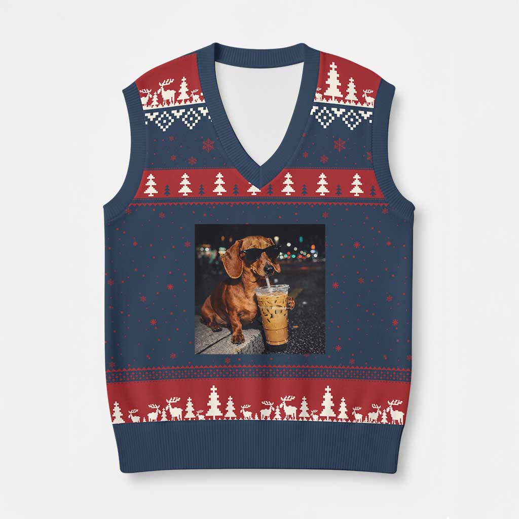Cool Dachshund Drinking Iced Coffee Graphic V-Neck Knit Sweater Vest Funny Wiener Dog Night Vibes Aesthetic TS02 Navy Red Print Your Wear