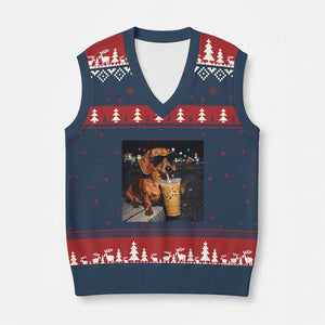 Cool Dachshund Drinking Iced Coffee Graphic V-Neck Knit Sweater Vest Funny Wiener Dog Night Vibes Aesthetic TS02 Navy Red Print Your Wear