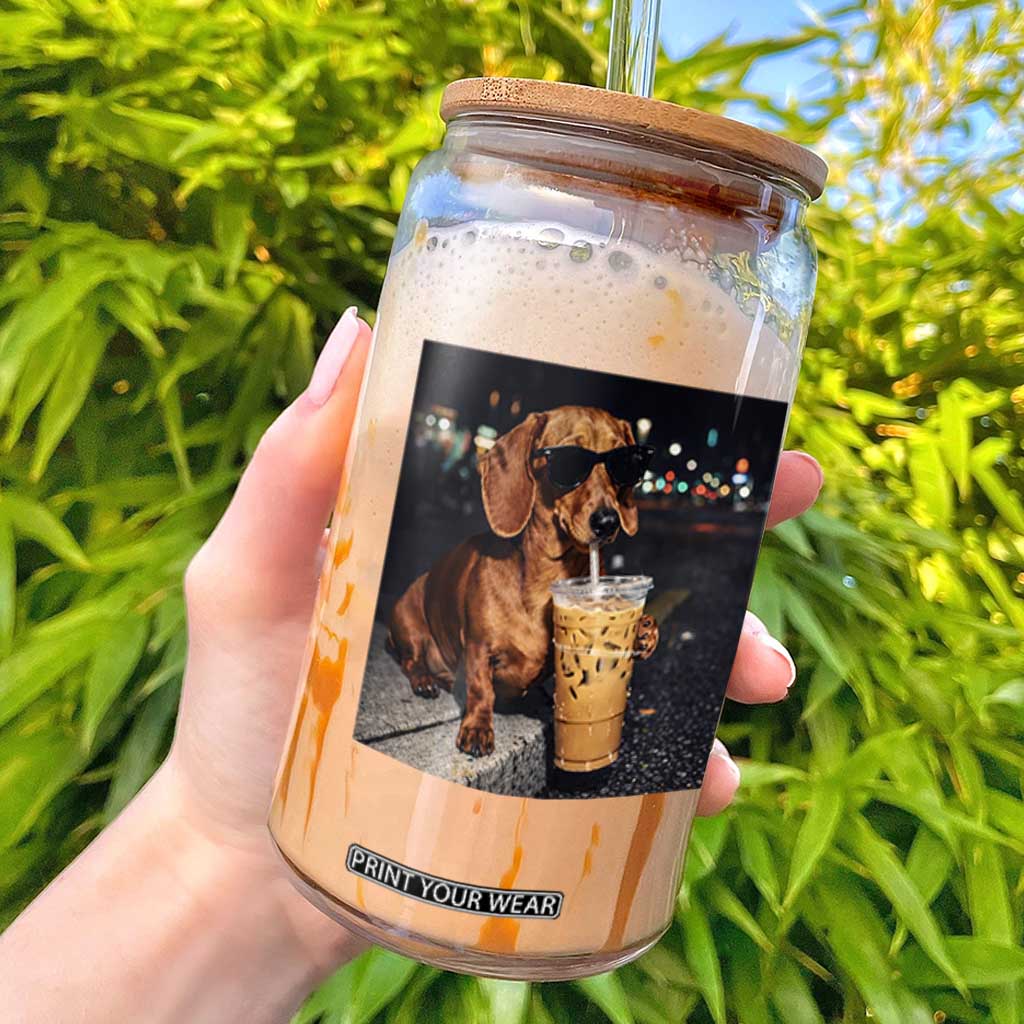 Cool Dachshund Drinking Iced Coffee Graphic Glass Can Funny Wiener Dog Night Vibes Aesthetic TS02 Black Print Your Wear